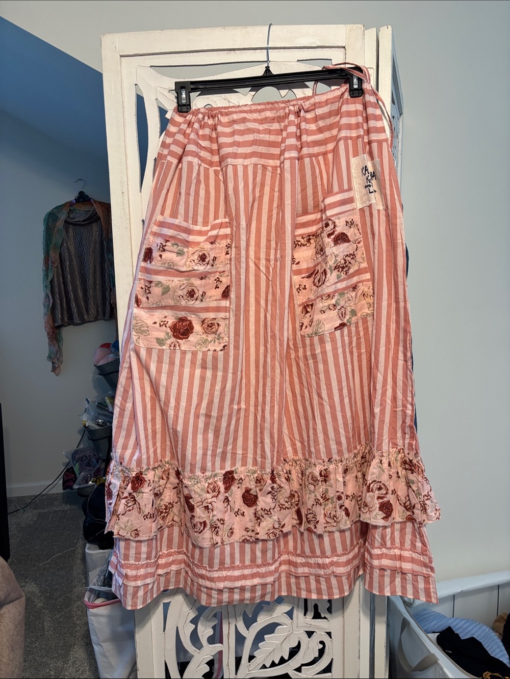 Boho Pink Striped Floral Patchwork Skirt 100% cotton